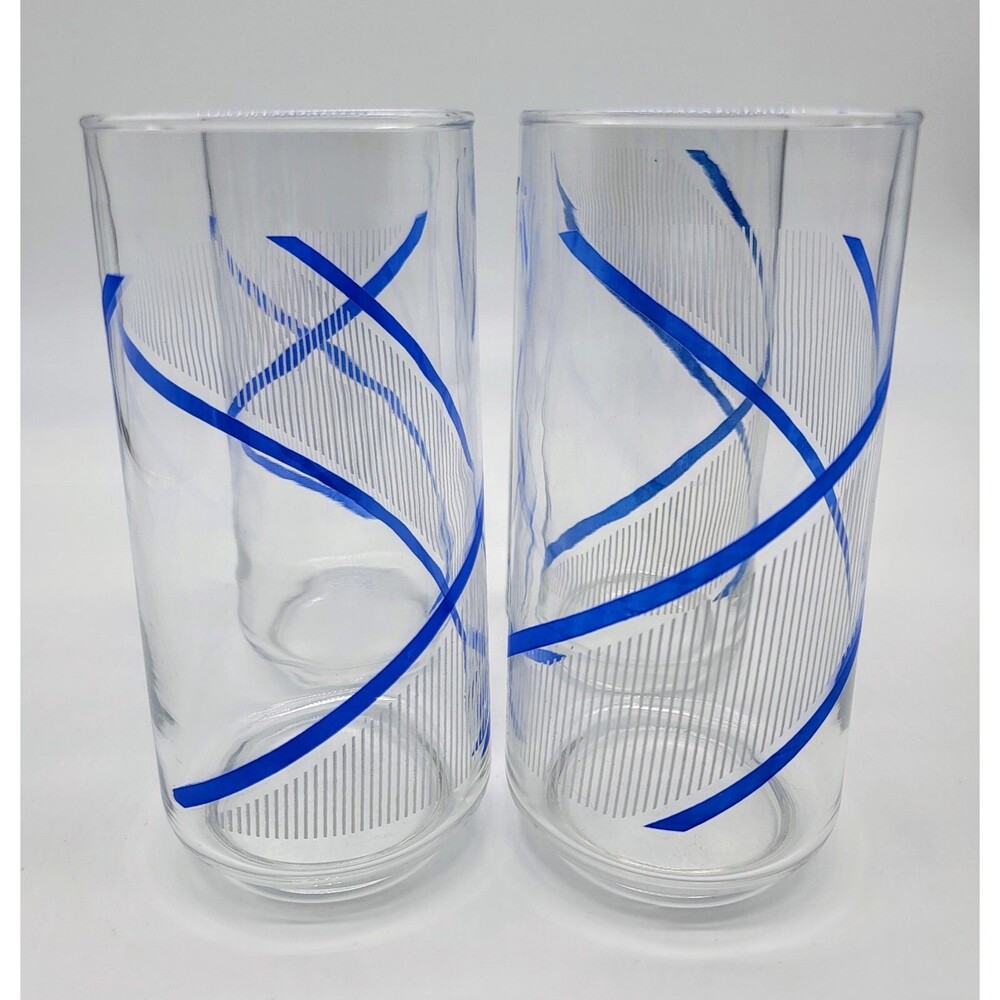 4 Unsigned Georges Briard "Crisa" High Ball Tumbler Glasses Blue Stripe MCM